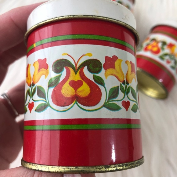Vintage Metal 60's 70's Style Storage Containers Red Floral Pattern - Picture 6 of 11